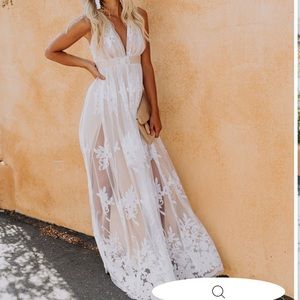 White & nude lace maxi dress
